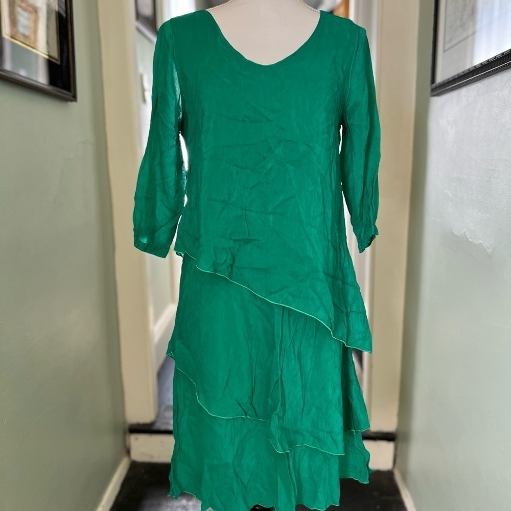 CLICK Color Me Cotton Dress Tiered Women Small Ruffle Emerald Green 3/4 Sleeve